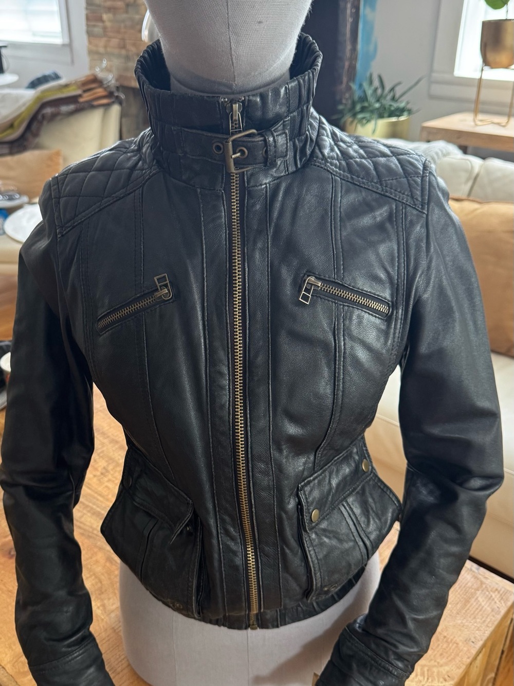 Zara vintage distressed black bomber collar leather jacket.